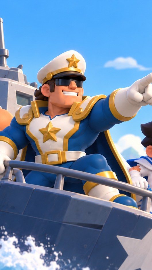 Harbor Rush captain pointing ahead from a gunboat with his crew, tropical harbor in the distance
