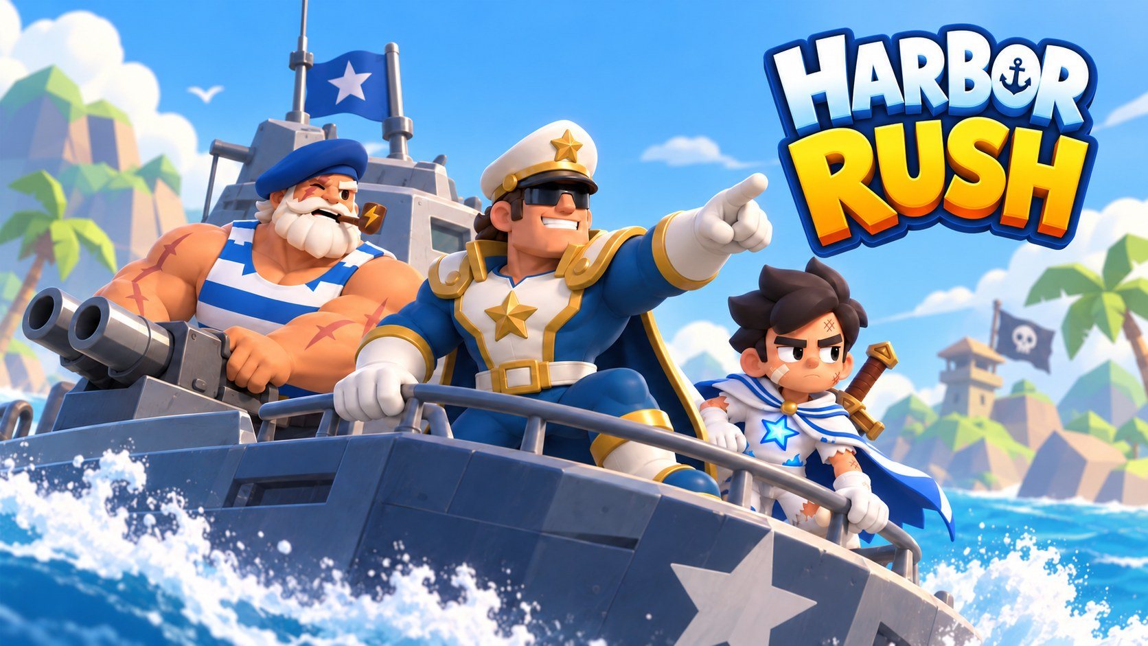 Harbor Rush captain pointing ahead from a gunboat with his crew, tropical harbor in the distance