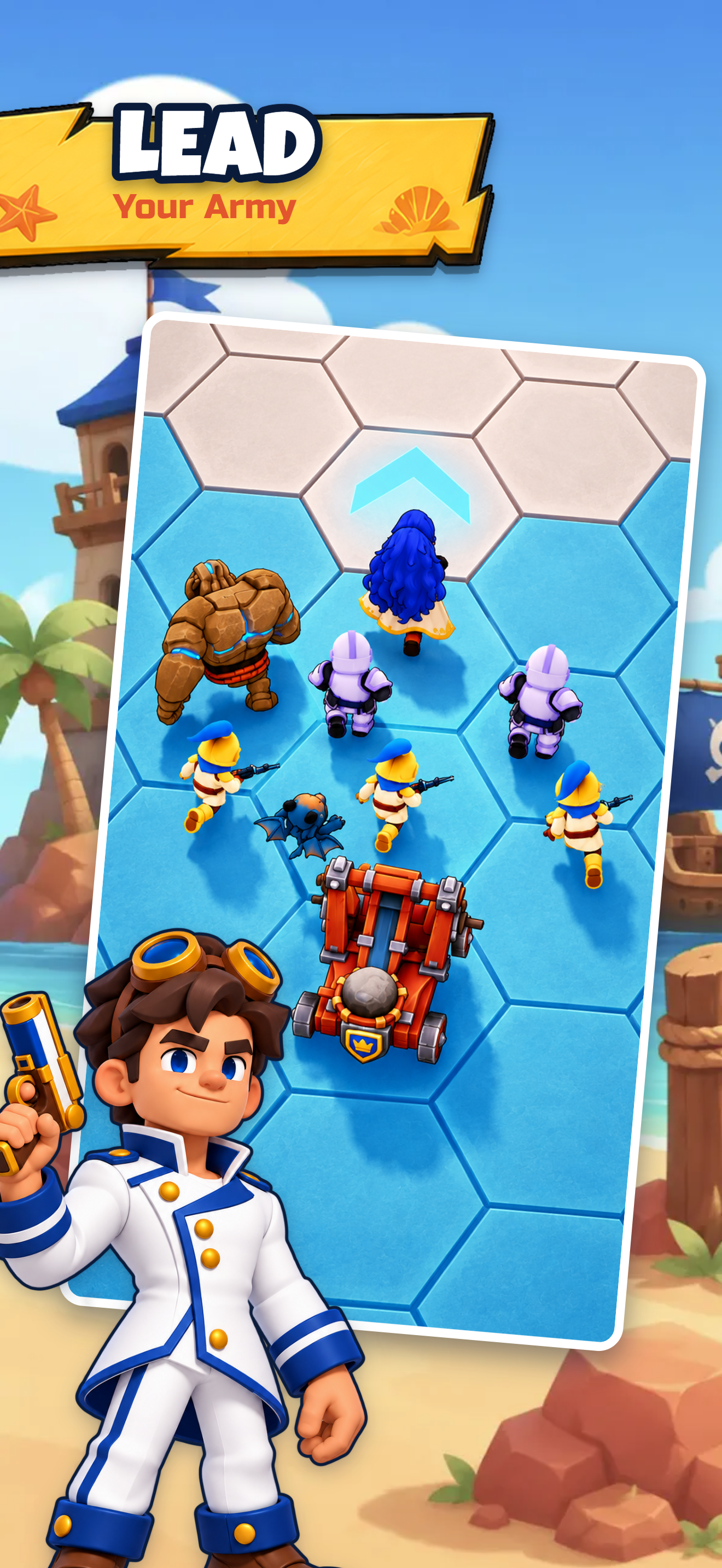 Lead your army: a captain hero leads golems, troopers, riflemen and a catapult across blue hex tiles