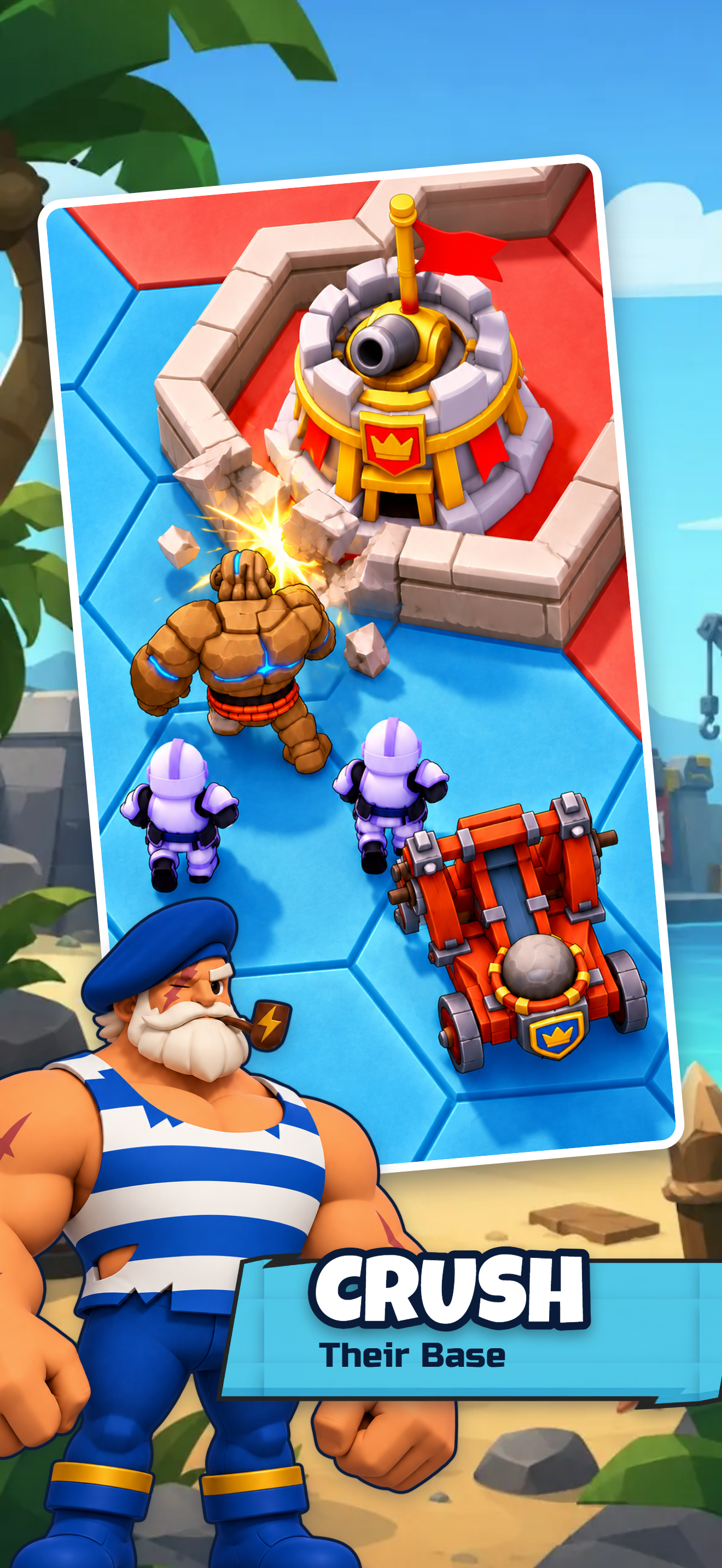 Crush their base: a rock golem smashes the wall of a red tower while troops and a catapult advance