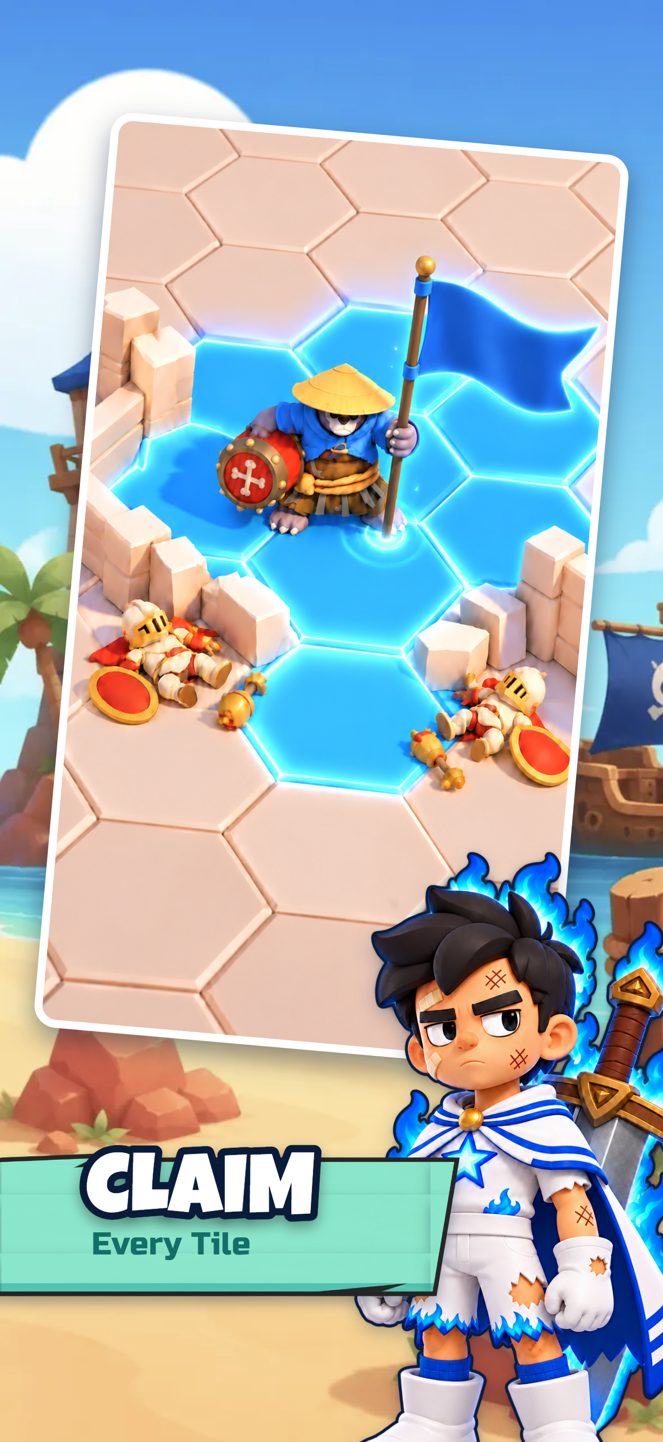 Claim every tile: a bear warrior plants a blue flag on glowing hex tiles after clearing the enemy