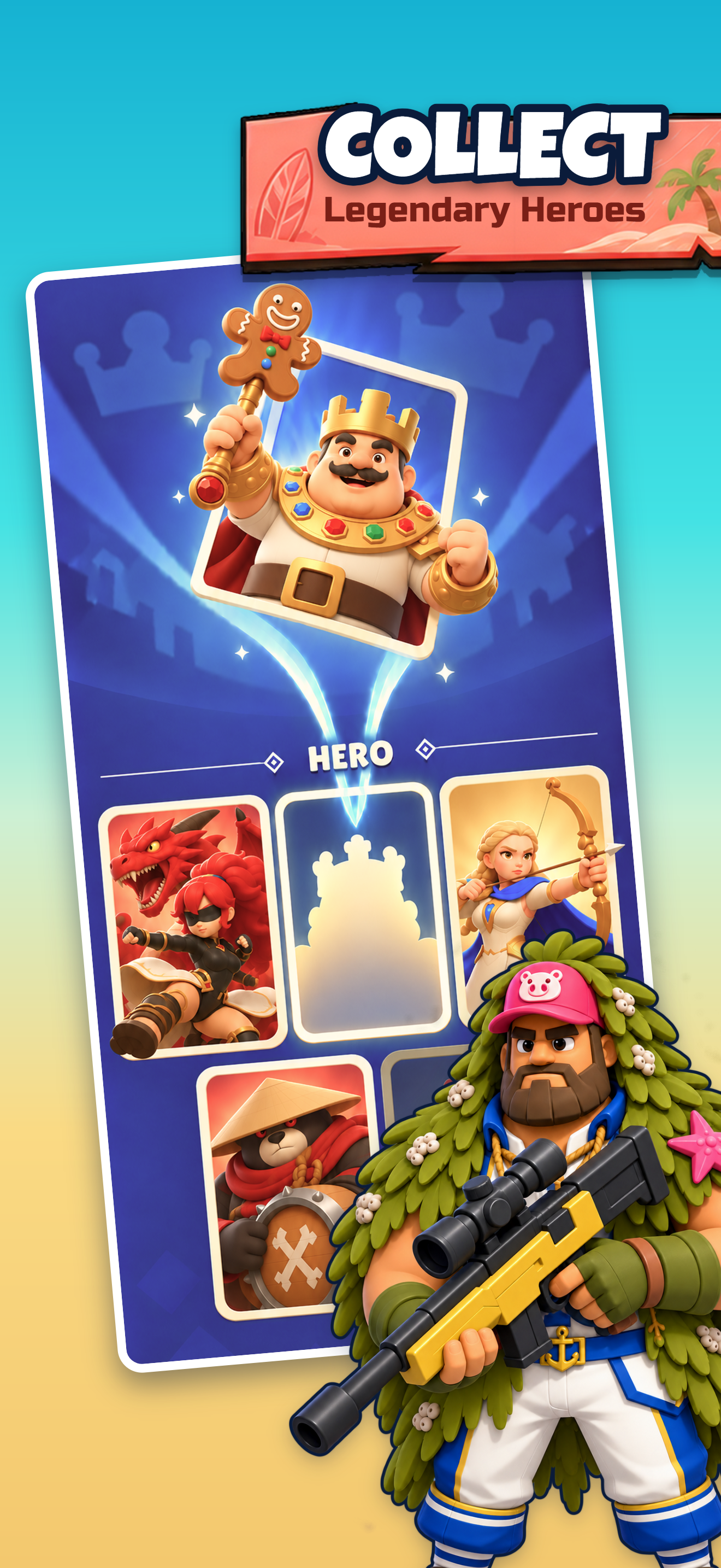 Collect legendary heroes: a king card rises above a hero roster with a sniper hero in front