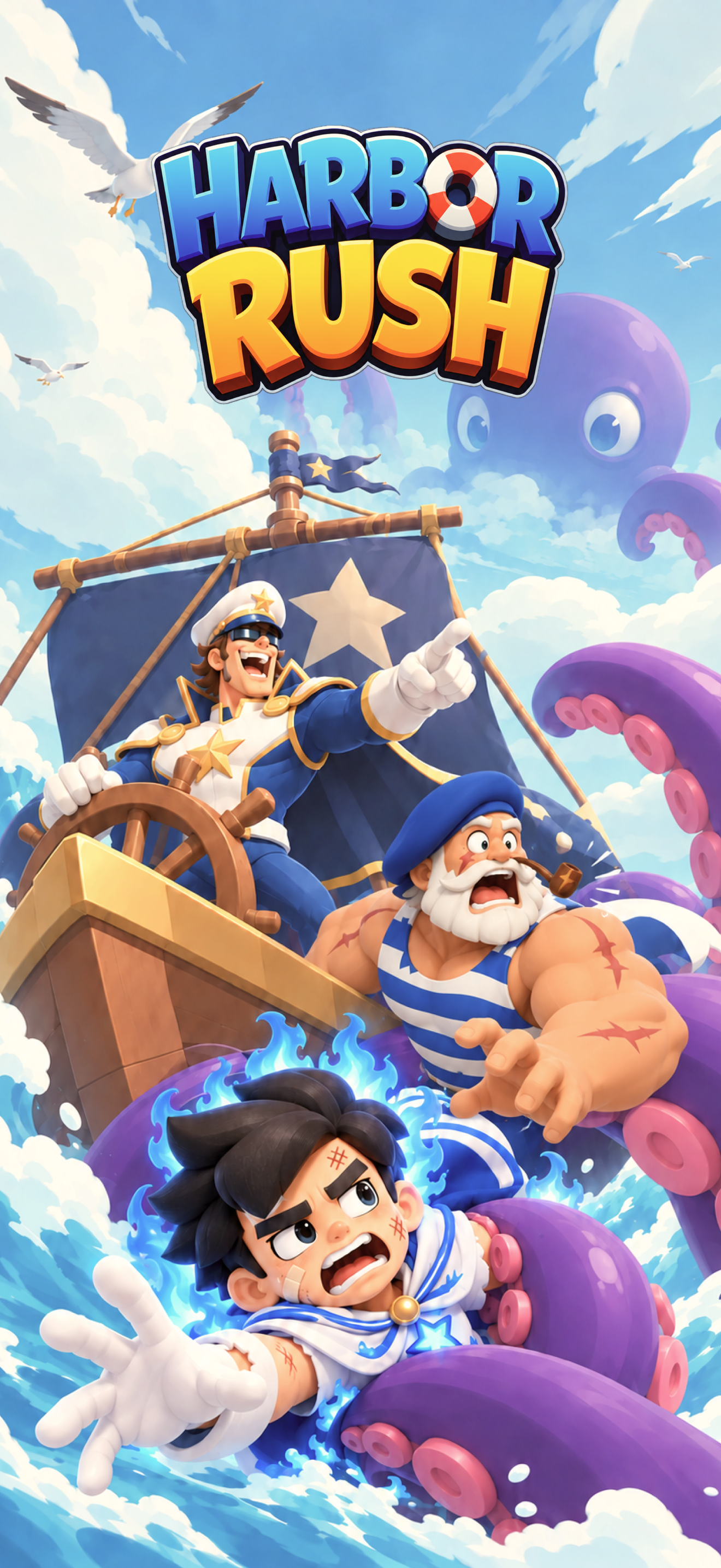 Harbor Rush: the captain and crew sail toward a giant purple octopus under the game logo