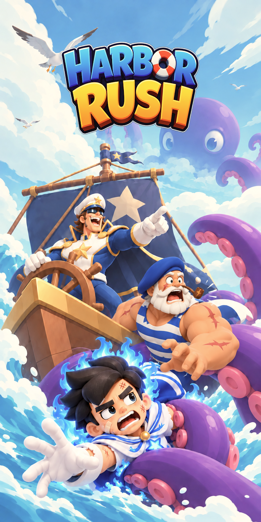 Harbor Rush crew on a ship fighting a giant purple octopus